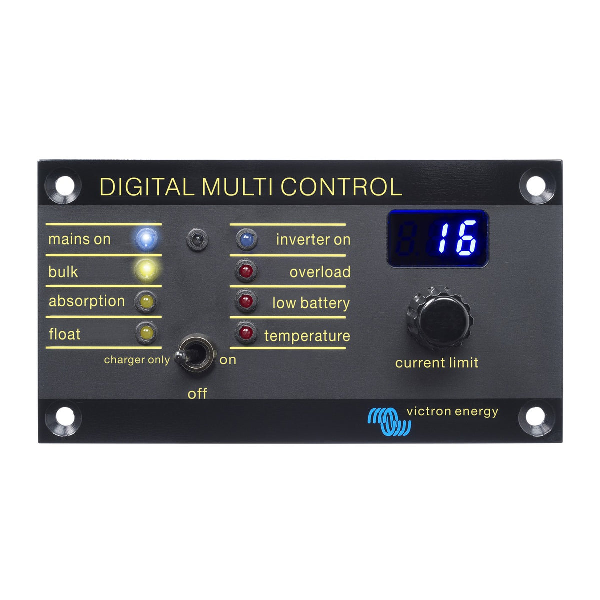 Victron Digital Multi Control 200/200A — current panel front, charger and inverter LEDs, 16 A current-limit display