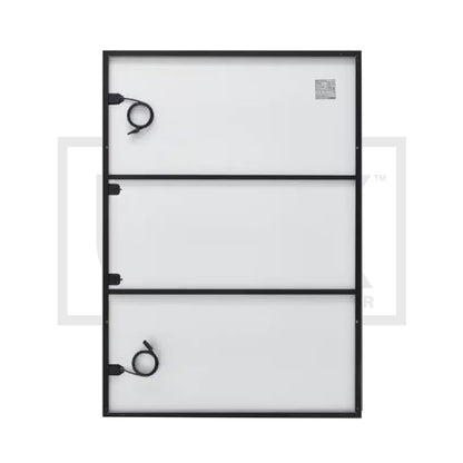 REC Alpha Pure-RX 475W solar panel, rear view showing white backsheet, junction box and MC4 connector leads