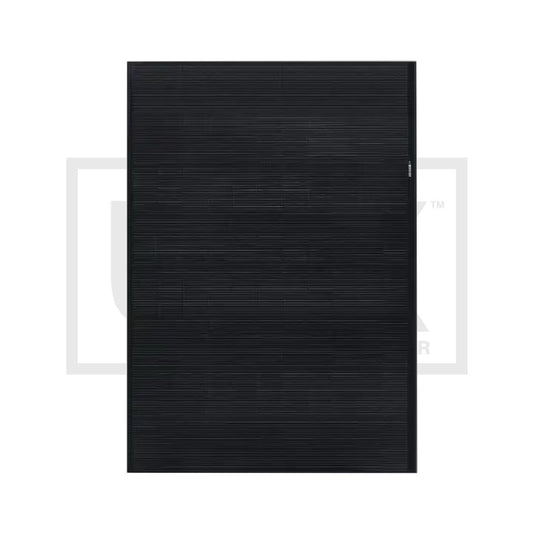 REC Alpha Pure-RX 475W monocrystalline solar panel, front view with all-black gapless cells and black anodised frame