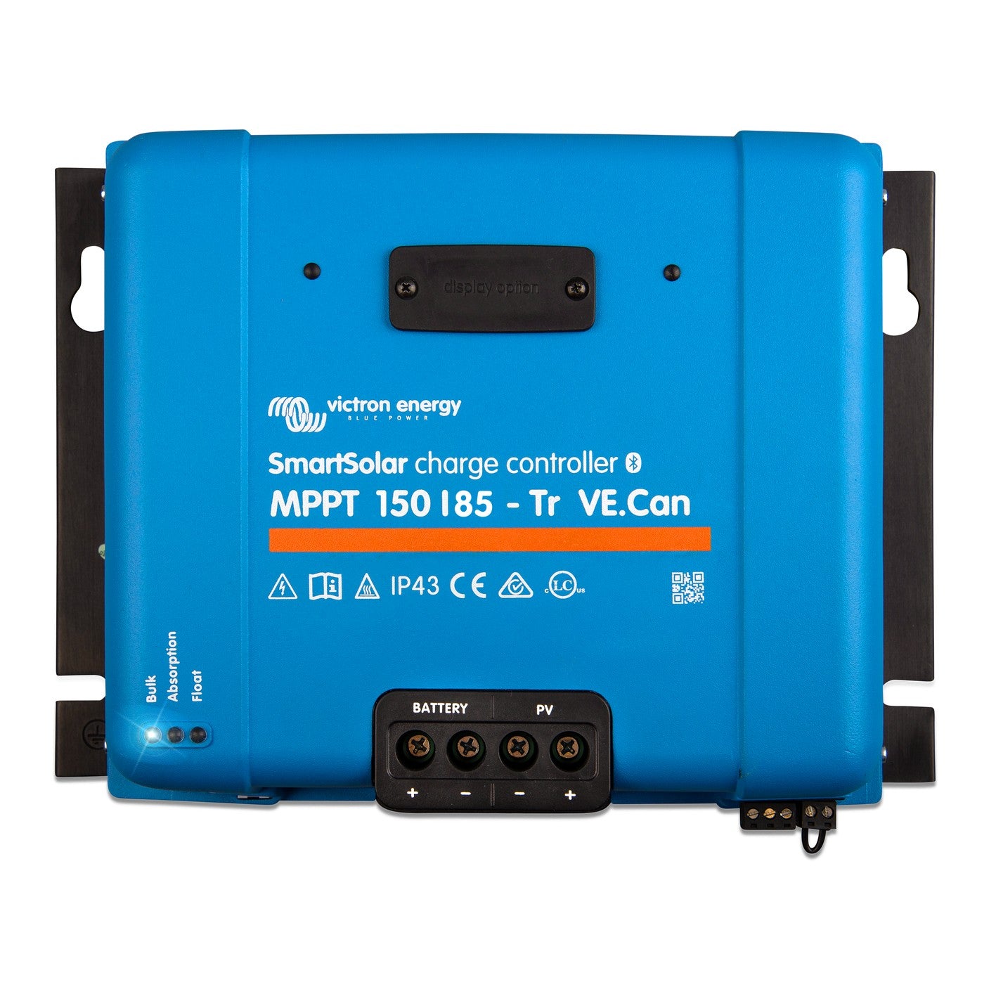 Victron SmartSolar MPPT 150/85-Tr VE.Can solar charge controller, top view, blue case with screw terminals for battery and PV and blanked display option cover