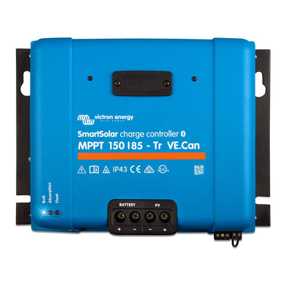 Victron SmartSolar MPPT 150/85-Tr VE.Can solar charge controller, top view, blue case with screw terminals for battery and PV and blanked display option cover