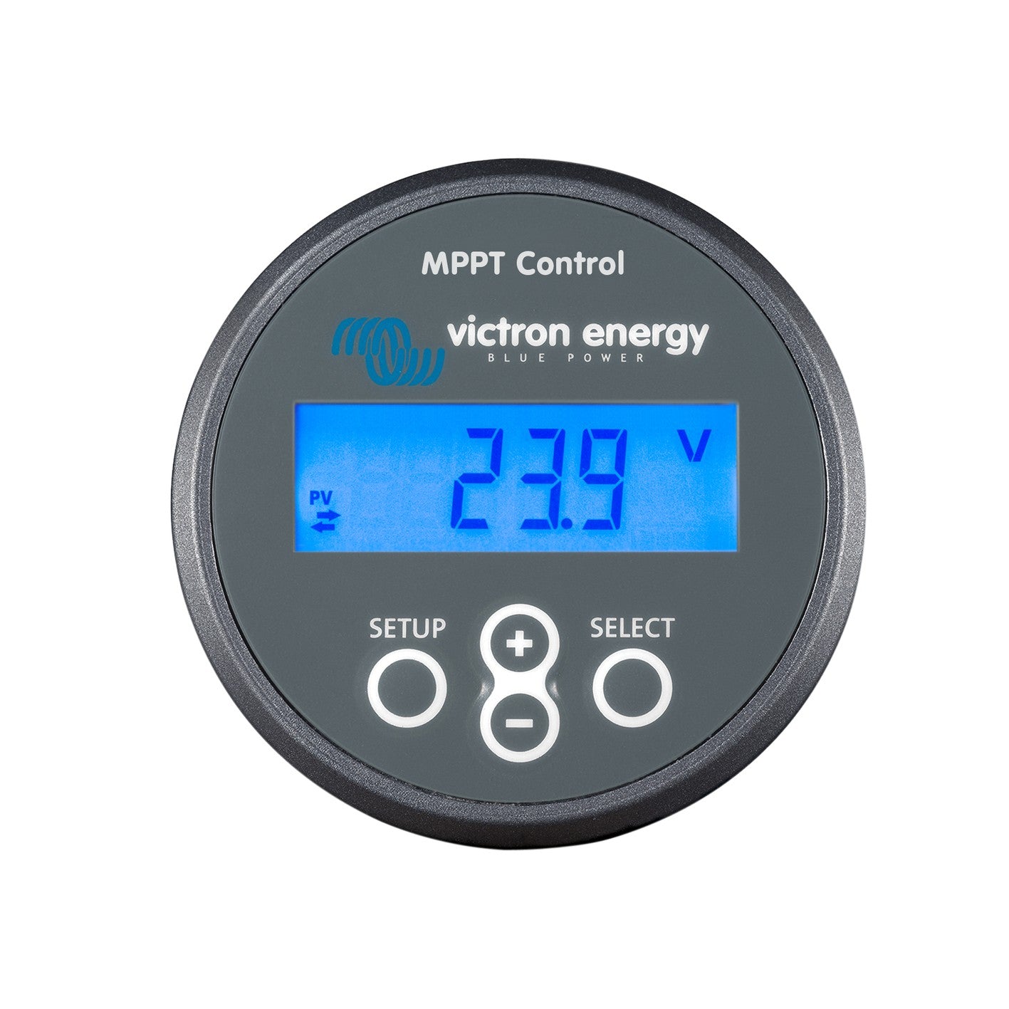 Victron MPPT Control SCC900500000 — front panel with backlit LCD reading 23.9 V and SETUP and SELECT keys