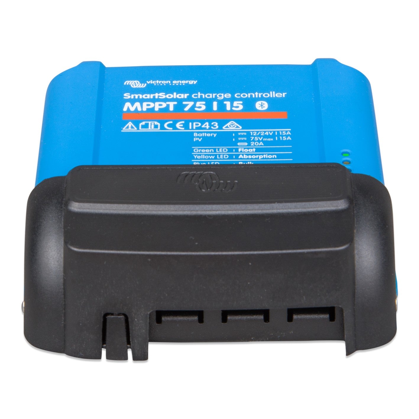 Victron MPPT WireBox-S 75-10/15 terminal cover fitted to a SmartSolar MPPT 75/15 charge controller, front angle view, black plastic cover over the blue controller's terminals