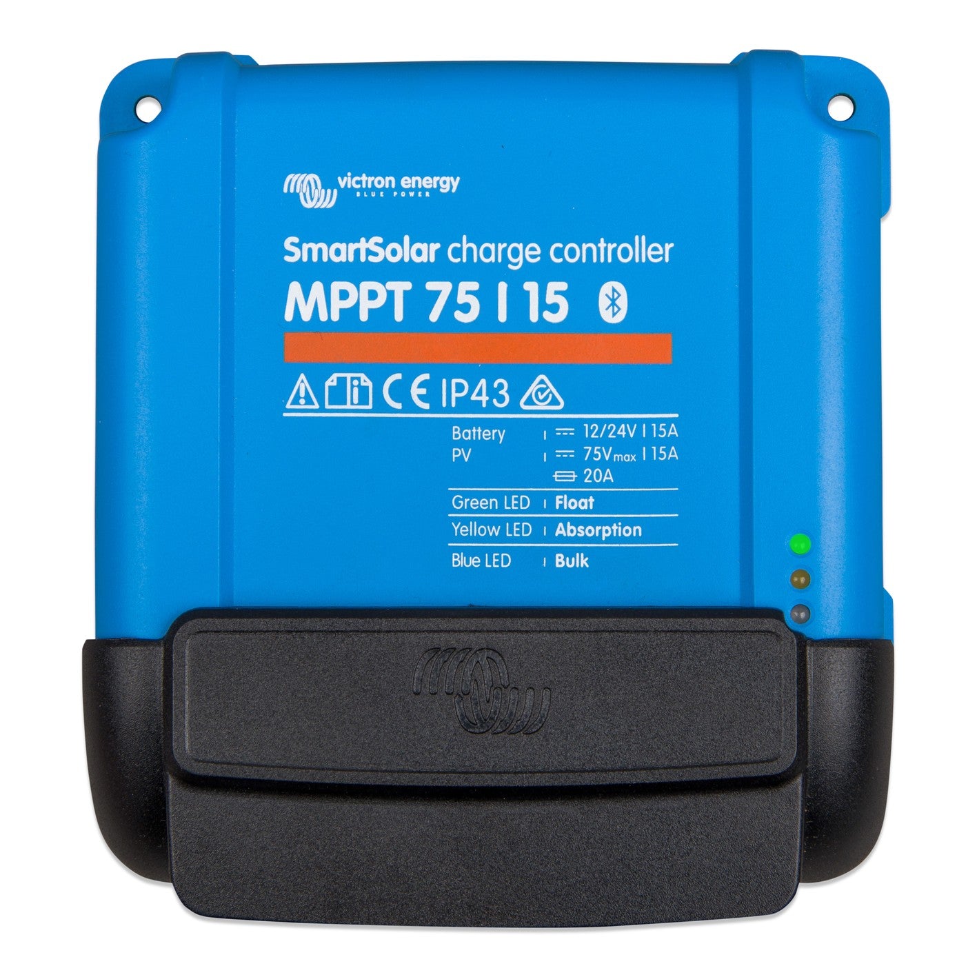 Victron MPPT WireBox-S 75-10/15 — fitted to a SmartSolar MPPT 75|15, front-on, black cover over the terminals