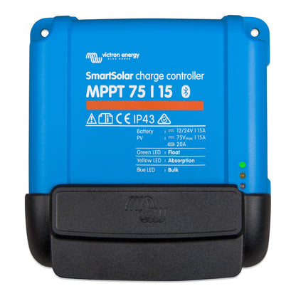 Victron MPPT WireBox-S 75-10/15 — fitted to a SmartSolar MPPT 75|15, front-on, black cover over the terminals
