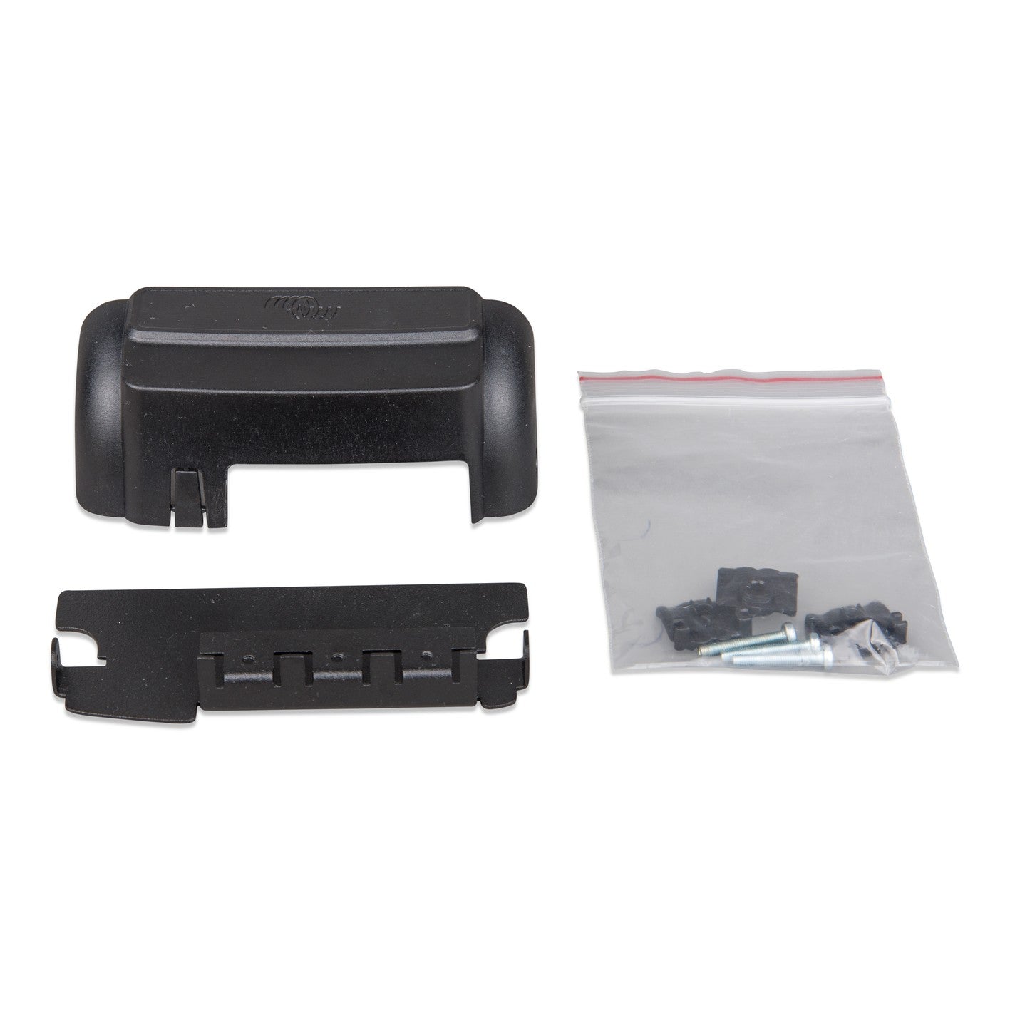 Victron MPPT WireBox-S 75-10/15 kit contents, black plastic terminal cover, steel mounting base and bag of fixings