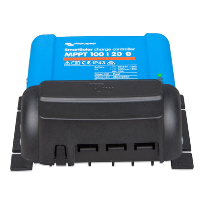 Victron MPPT WireBox-S 100-20 terminal cover fitted to a SmartSolar MPPT 100/20 charge controller, front angle view, black plastic cover over the blue controller's terminals