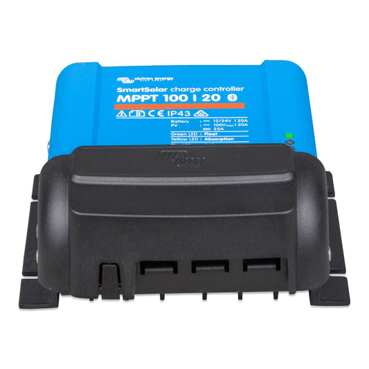 Victron MPPT WireBox-S 100-20 terminal cover fitted to a SmartSolar MPPT 100/20 charge controller, front angle view, black plastic cover over the blue controller's terminals