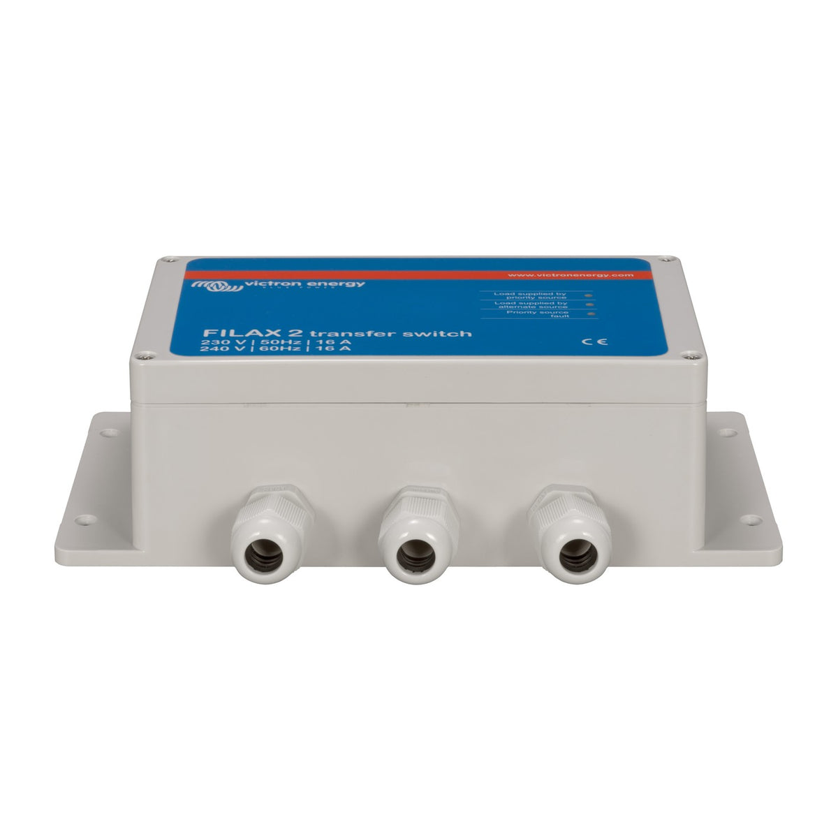 Victron Filax-2 transfer switch 230V/50Hz 240V/60Hz 16A — front-angle view with three cable glands