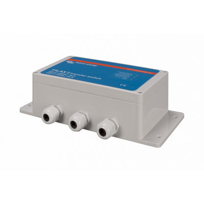 Victron Filax-2 transfer switch — right three-quarter view of the grey ABS case and lid screws
