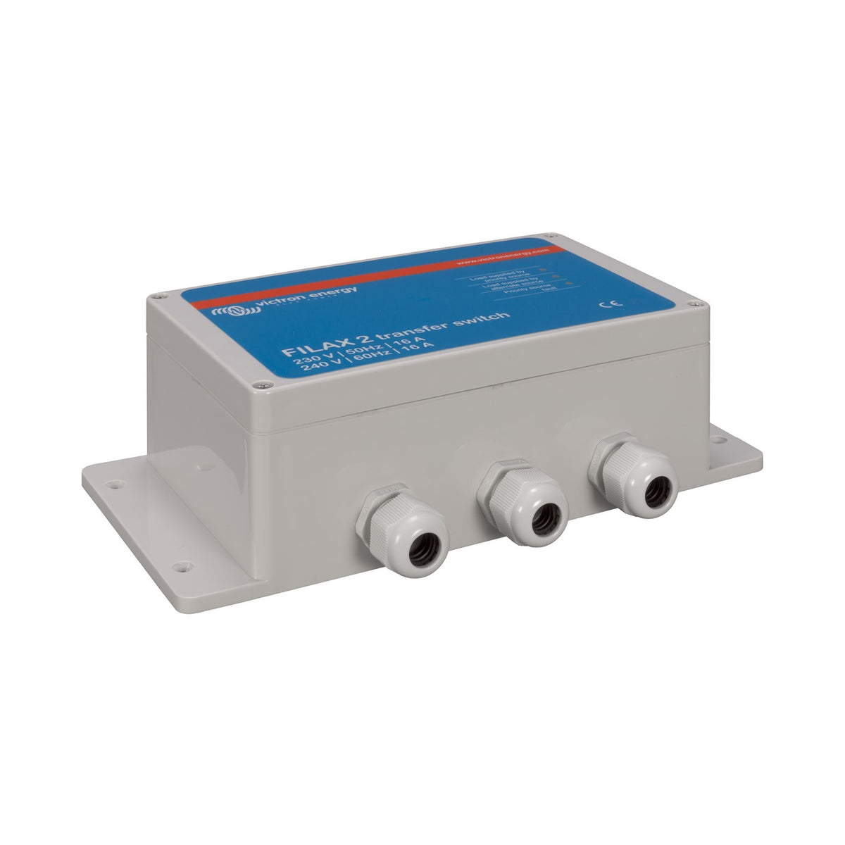 Victron Filax-2 transfer switch — left three-quarter view showing enclosure depth and mounting flanges