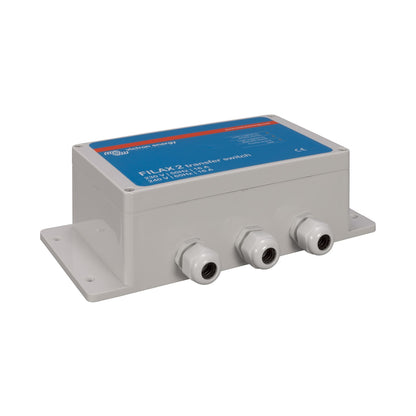 Victron Filax-2 transfer switch — left three-quarter view showing enclosure depth and mounting flanges
