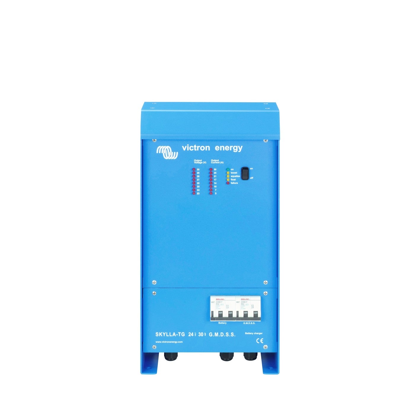 Victron Skylla-TG 24/30 G.M.D.S.S. battery charger, front view, tall blue case with separate Battery and G.M.D.S.S. circuit breakers below the LED panel