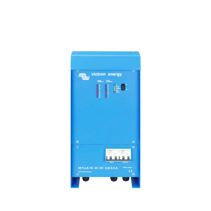 Victron Skylla-TG 24/30 G.M.D.S.S. battery charger, front view, tall blue case with separate Battery and G.M.D.S.S. circuit breakers below the LED panel