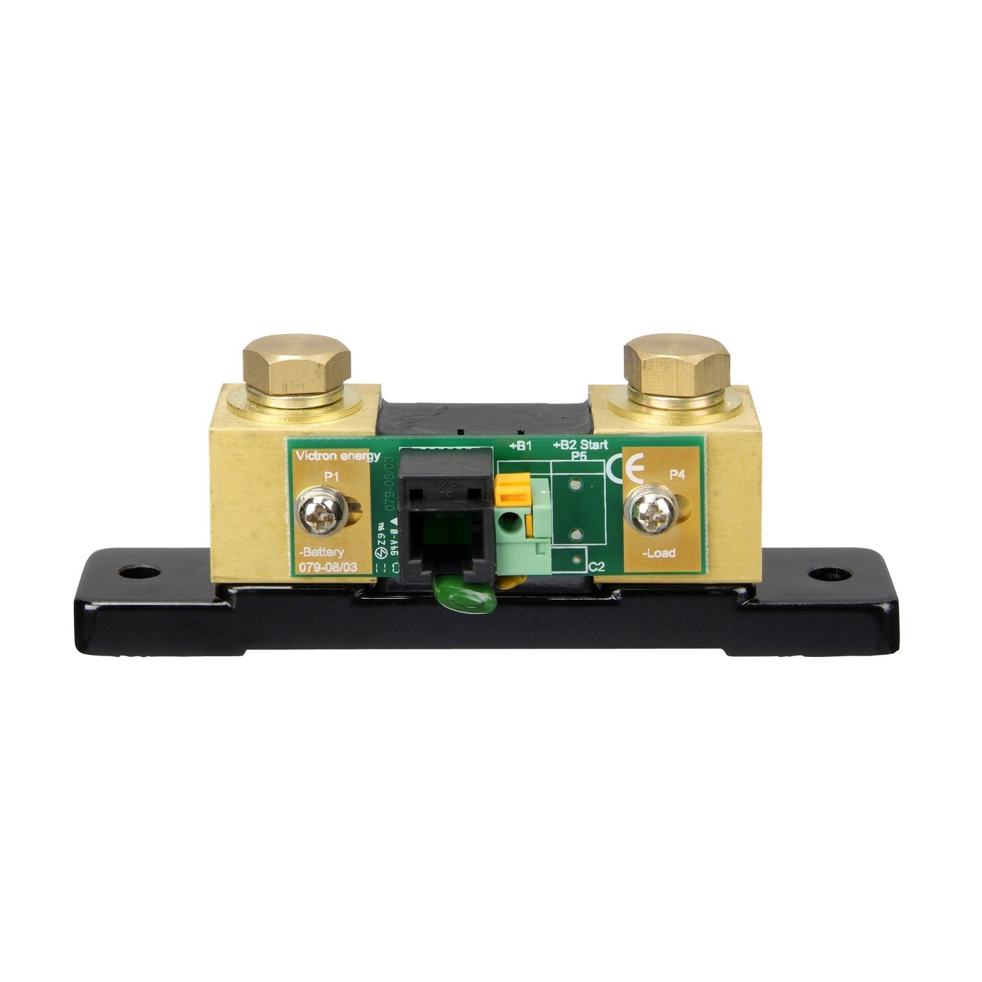 Victron Energy shunt 500A/50mV — front view, brass bar on black base with PCB, RJ12 socket, -Battery and -Load terminals