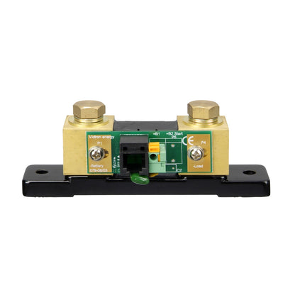 Victron Energy shunt 500A/50mV — front view, brass bar on black base with PCB, RJ12 socket, -Battery and -Load terminals