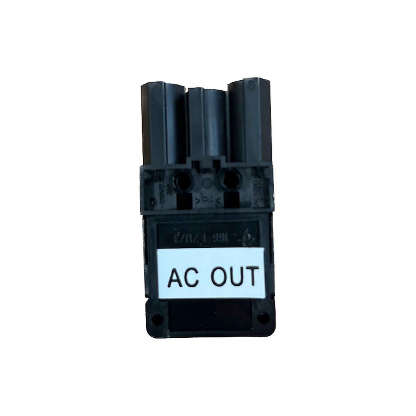 Victron AC-out connector for MultiPlus Compact, black three-pole plug, front view with white AC OUT label