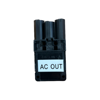 Victron AC-out connector for MultiPlus Compact, black three-pole plug, front view with white AC OUT label