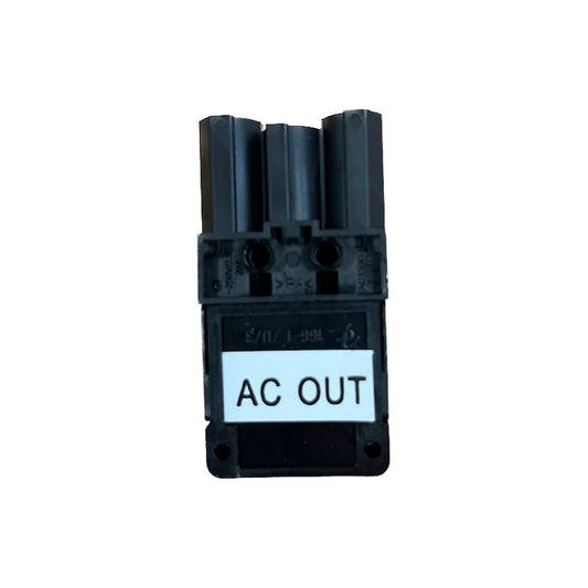 Victron AC-out connector for MultiPlus Compact, black three-pole plug, front view with white AC OUT label