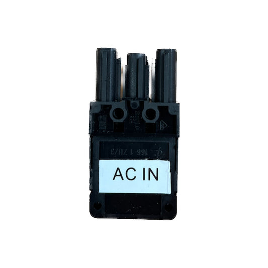 Victron AC-in connector for MultiPlus Compact, black three-pole plug, front view with light blue AC IN label