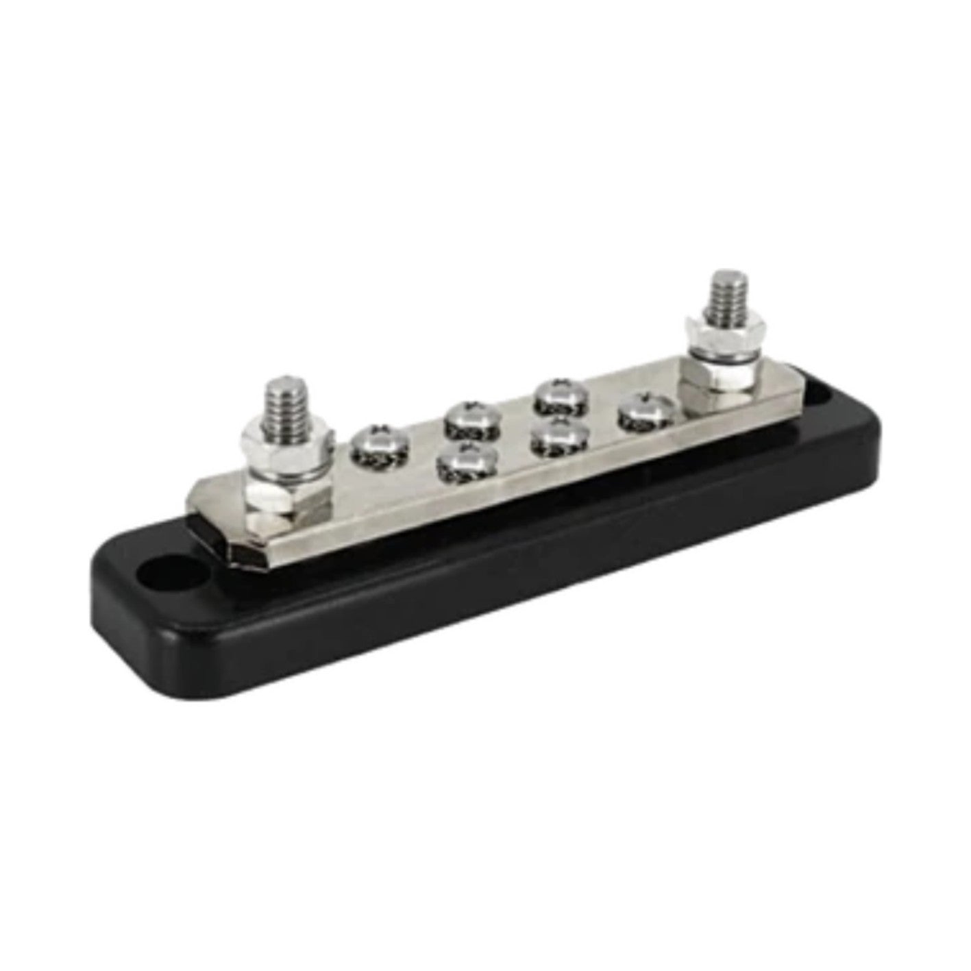 Victron VBB125020620 busbar, 250 A 2P with 6 screws, right angled view: black ABS base with a tinned copper bar, two M8 stainless steel studs at the ends and six smaller M4.8 screws between them; protective cover not shown