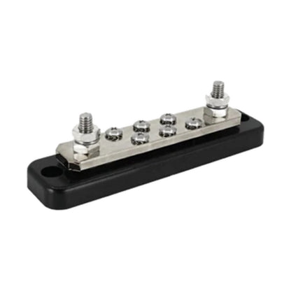 Victron VBB125020620 busbar, 250 A 2P with 6 screws, right angled view: black ABS base with a tinned copper bar, two M8 stainless steel studs at the ends and six smaller M4.8 screws between them; protective cover not shown