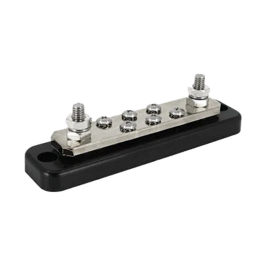 Victron VBB125020620 busbar, 250 A 2P with 6 screws, right angled view: black ABS base with a tinned copper bar, two M8 stainless steel studs at the ends and six smaller M4.8 screws between them; protective cover not shown