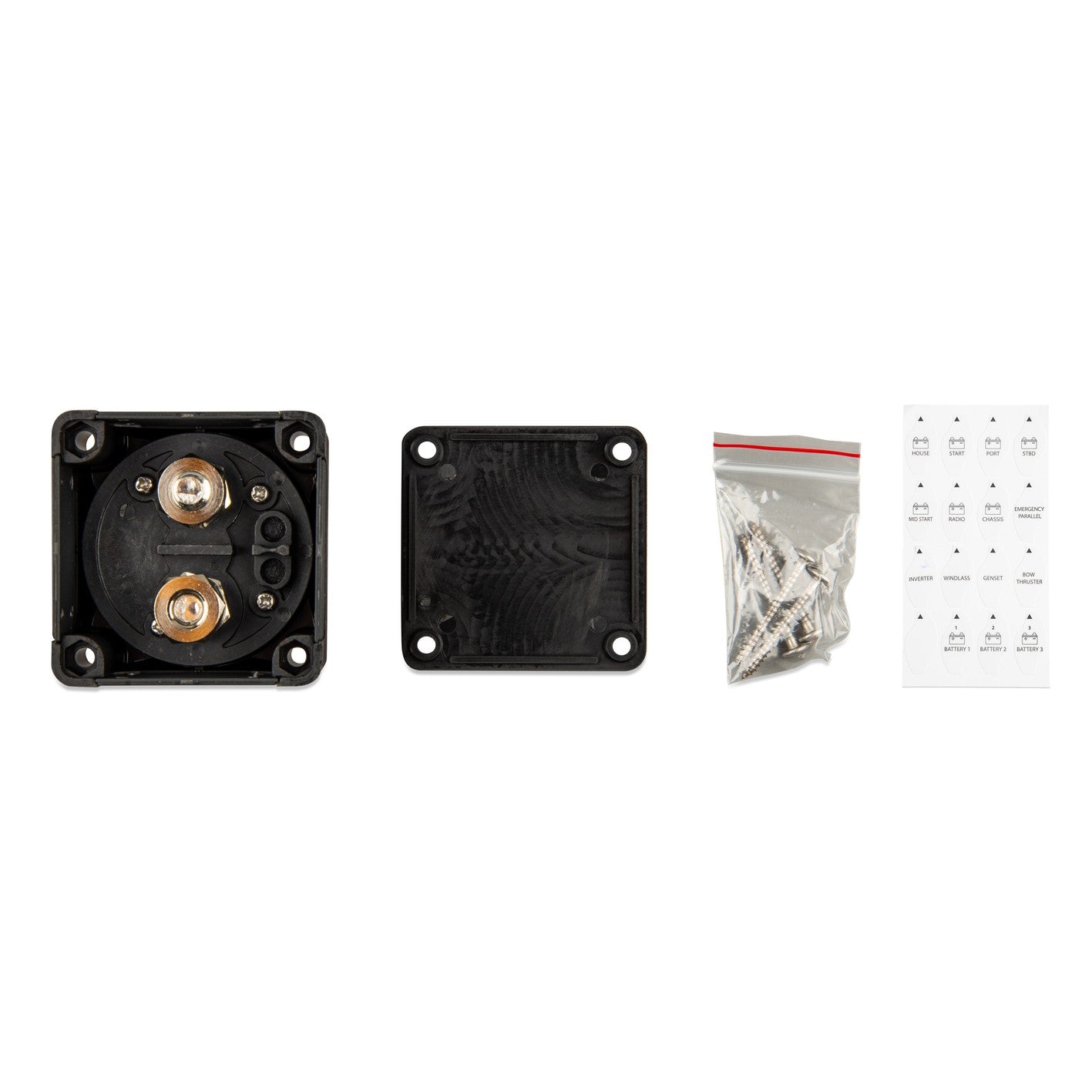 Victron Battery Switch ON/OFF 275 A — box contents: switch underside with two studs, rear cover, screws, label sheet
