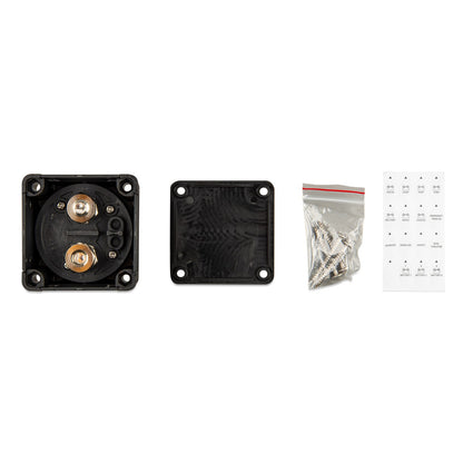 Victron Battery Switch ON/OFF 275 A — box contents: switch underside with two studs, rear cover, screws, label sheet