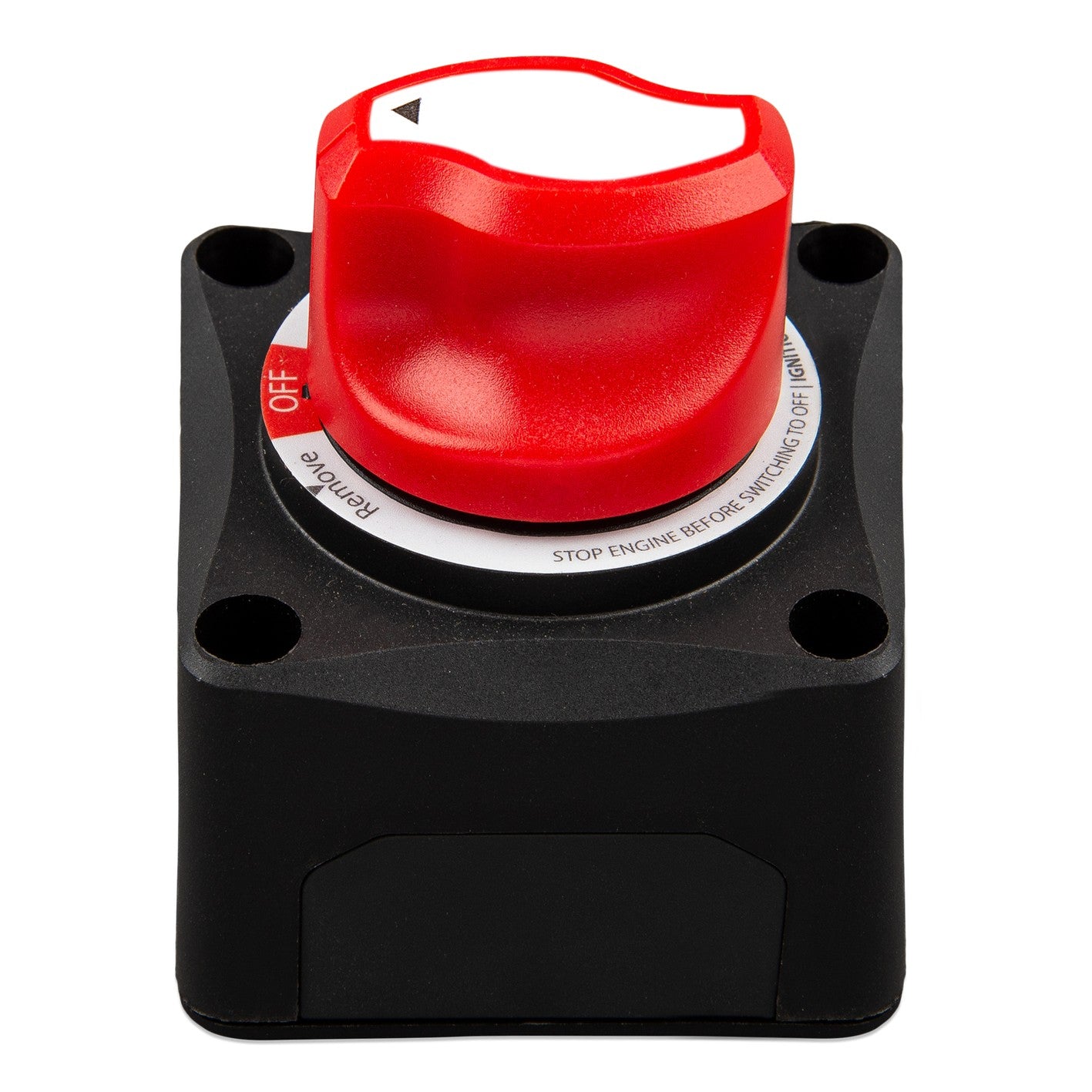 Victron Battery Switch ON/OFF 275 A — front elevation of the red knob on the square black surface-mount base