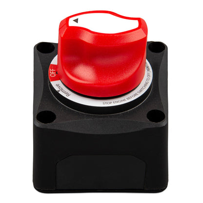 Victron Battery Switch ON/OFF 275 A — front elevation of the red knob on the square black surface-mount base