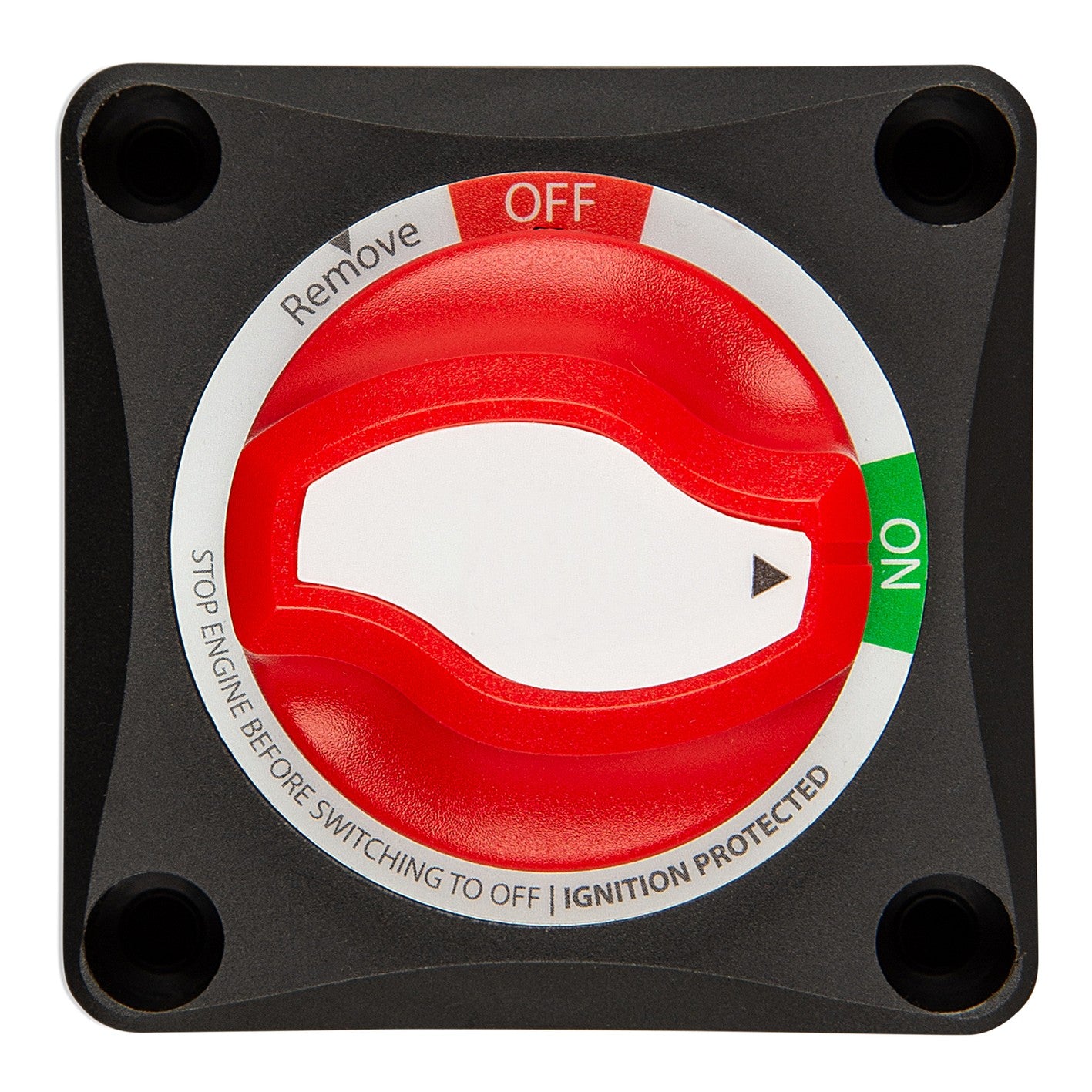 Victron Battery Switch ON/OFF 275 A — top face with red rotary knob at OFF, ON, Remove and Ignition Protected markings