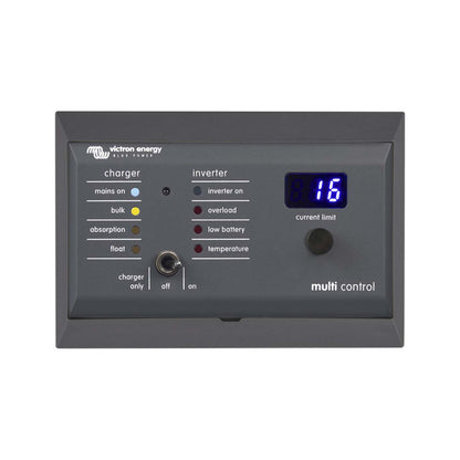 Victron wall mount enclosure for 65 x 120 mm GX panels, front view, angled dark grey surround with a Digital Multi Control 200/200A GX panel fitted inside (enclosure sold separately)