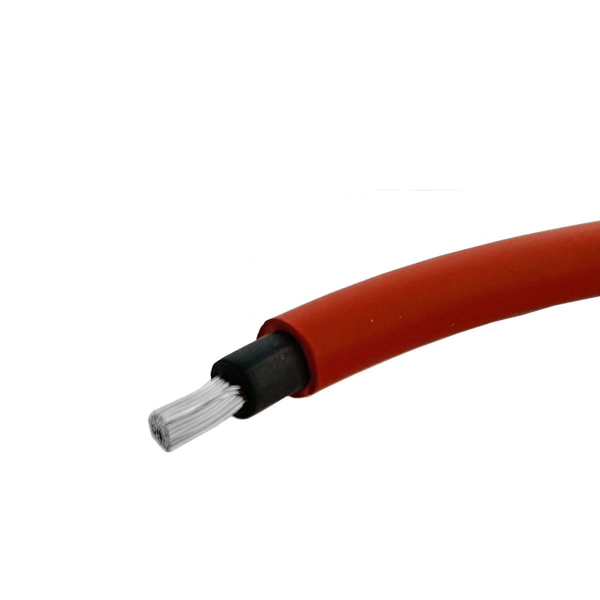 10mm2 red double insulated solar cable, cut end showing the black inner insulation and stripped tinned copper conductor