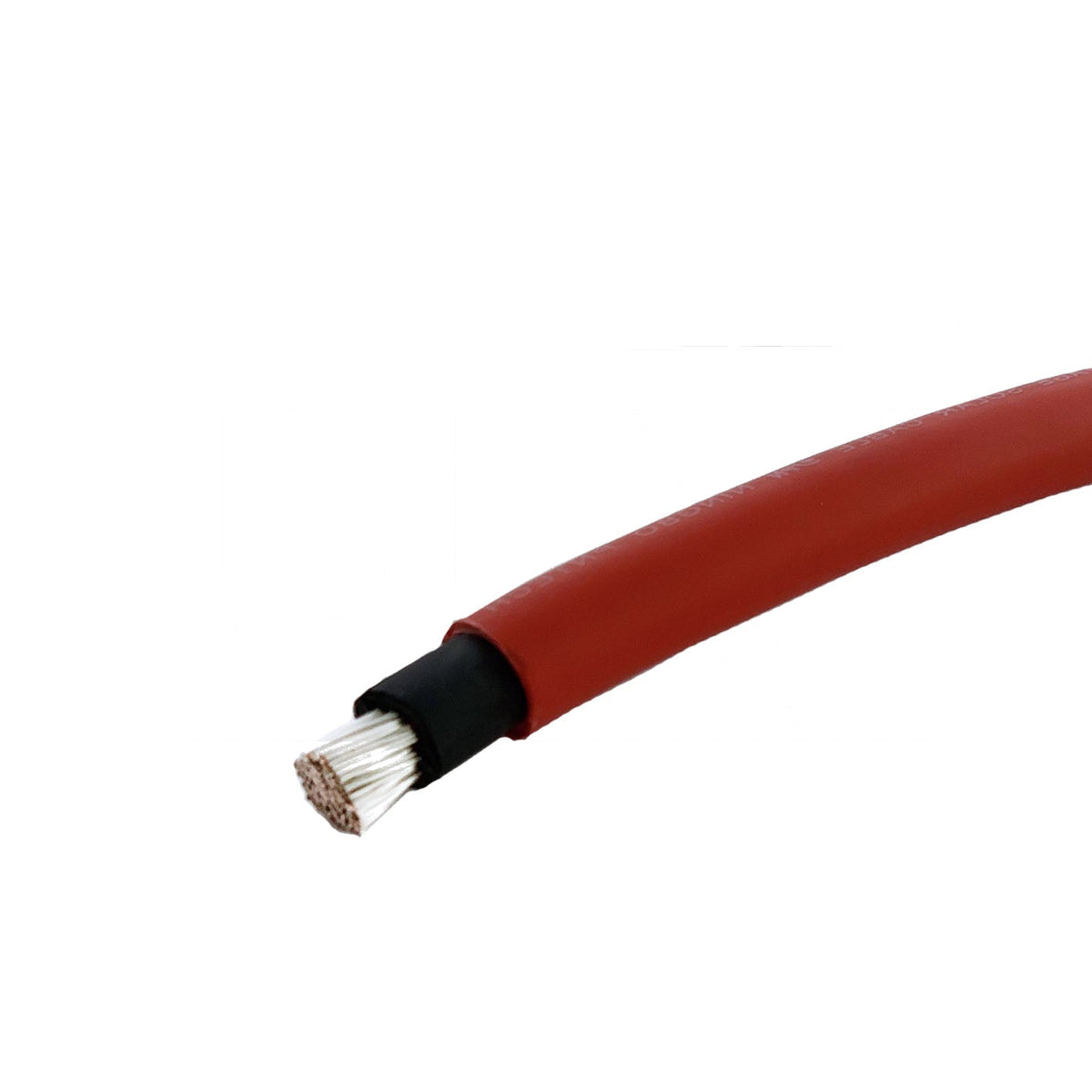Red double insulated solar cable, cut end showing the black inner insulation and a heavy stranded tinned copper conductor