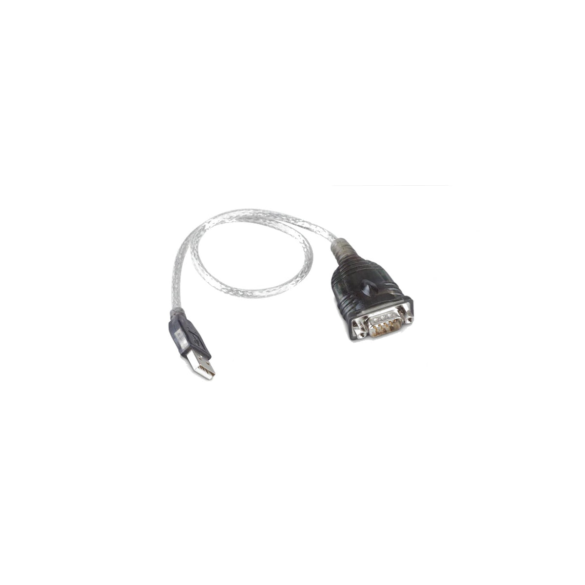 Victron RS232 to USB converter ASS030200000, full cable view, translucent silver braided lead with a USB-A plug at one end and a black moulded DE-9 male serial connector at the other