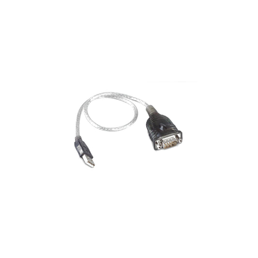 Victron RS232 to USB converter ASS030200000, full cable view, translucent silver braided lead with a USB-A plug at one end and a black moulded DE-9 male serial connector at the other