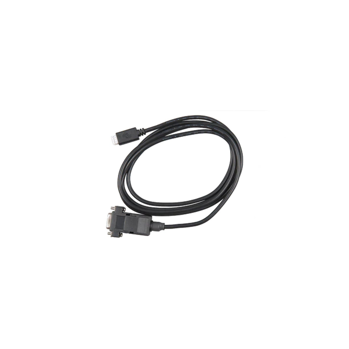 Victron VE.Direct to RS232 interface ASS030520500, full cable view, coiled black lead with a white VE.Direct plug at one end and a black DE-9 female serial connector at the other