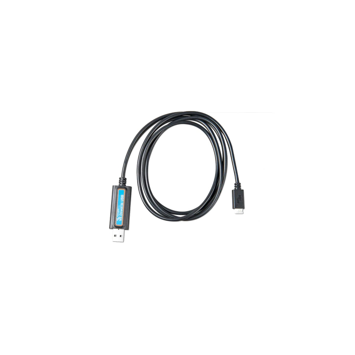 Victron VE.Direct to USB interface — coiled cable with blue label, USB-A plug and 4-pin VE.Direct connector