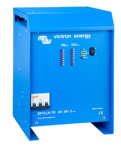 Victron Skylla-TG 24/50 3-phase battery charger, angled front view, blue case with a three-pole Merlin Gerin circuit breaker on the front panel