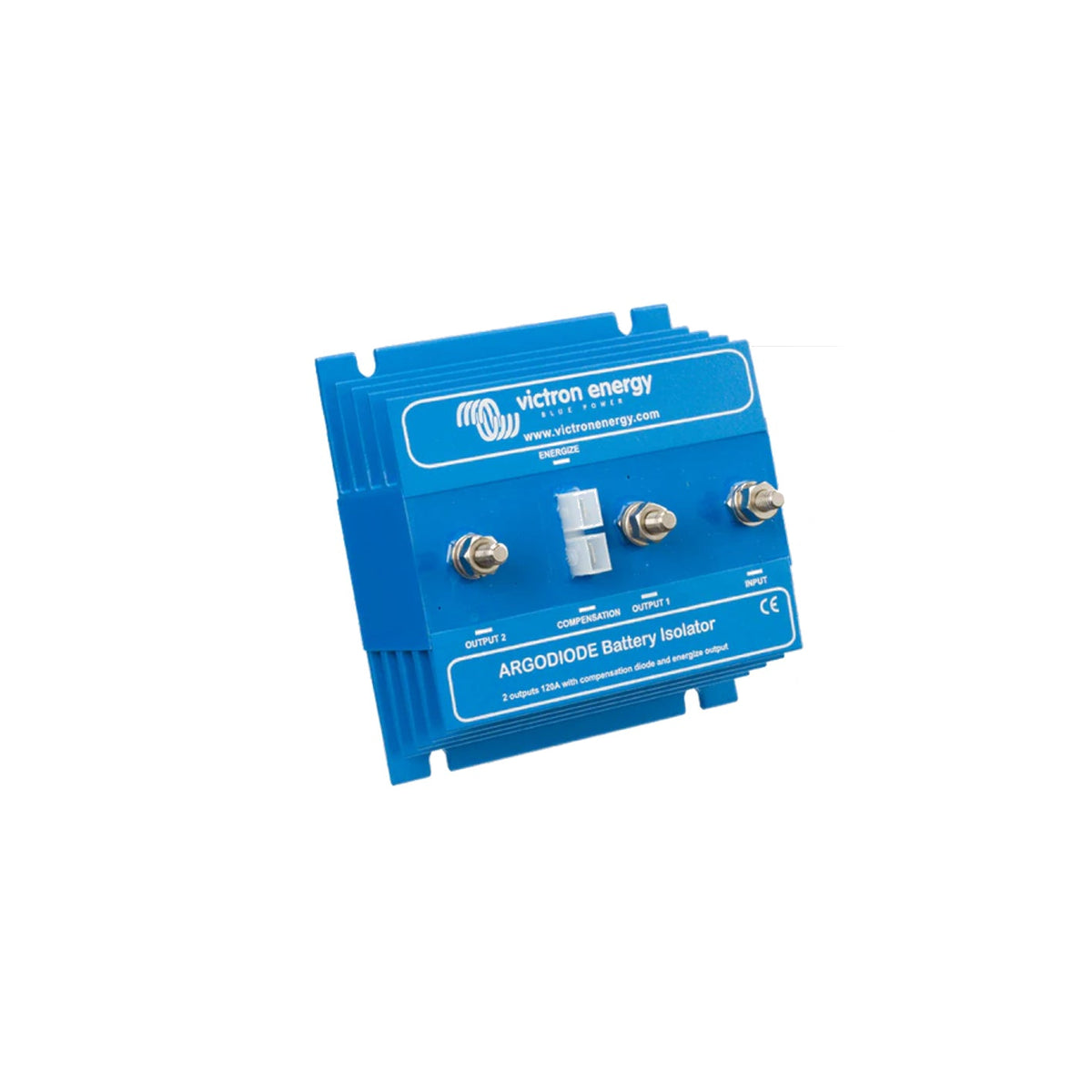 Victron Argodiode 120-2AC battery isolator — angled view, 2 outputs 120A on finned blue heatsink