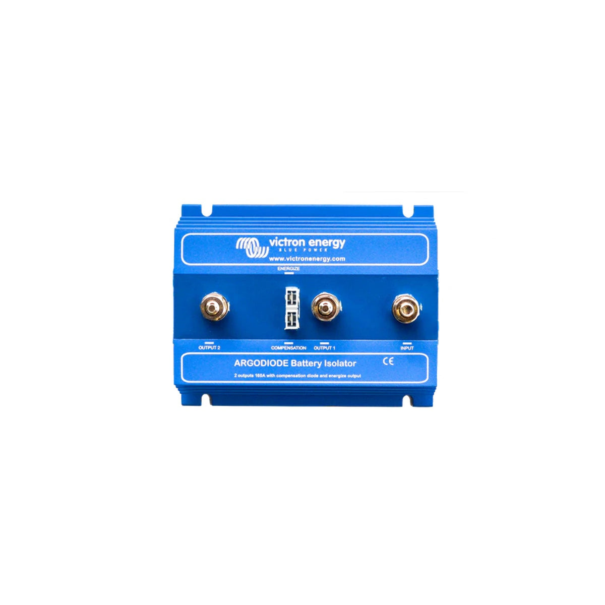 Victron Argodiode 160-2AC battery isolator — front panel, 2 outputs 160A on finned blue heatsink