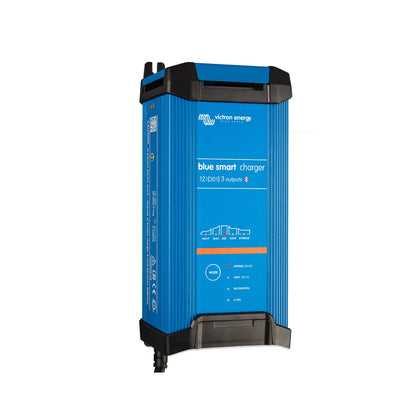 Victron Blue Smart IP22 battery charger, 12V 30A with 3 outputs — front three-quarter view of the blue ribbed case, showing the 12|30|3 outputs front panel, LED charge-stage indicators and MODE button