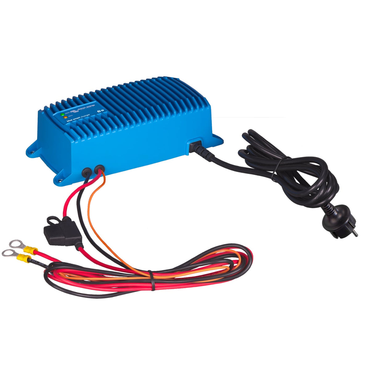 Victron Blue Smart IP67 12/25 (1+Si) waterproof battery charger, side view with AU/NZ three-pin mains plug, twin DC output leads and inline fuse holder