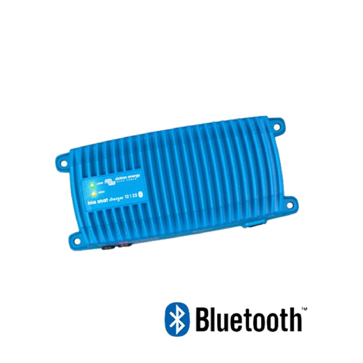 Victron Blue Smart IP67 waterproof battery charger, top view of the blue ribbed case with power and status LEDs, shown above a Bluetooth wordmark