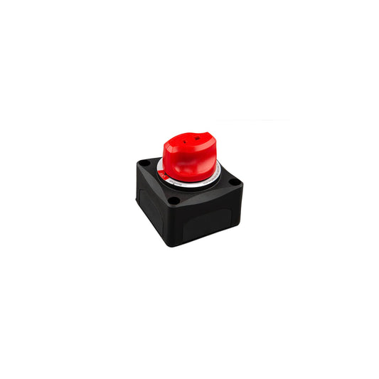 Victron battery on/off switch — front three-quarter view, red rotary knob over a square black base with four bolt holes