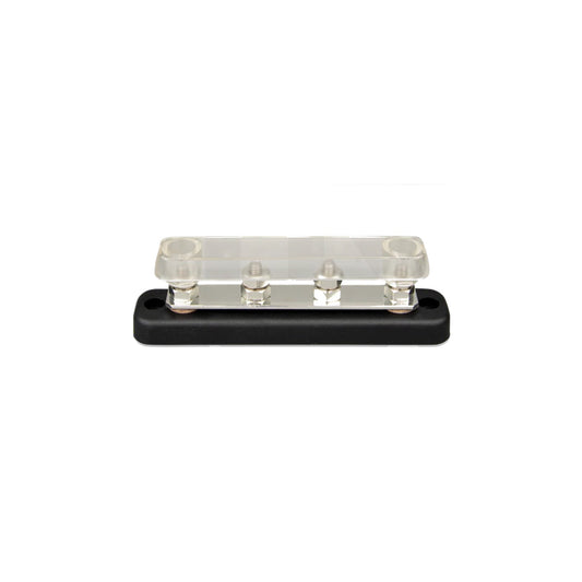 Victron Busbar 150A 4P — front view with clear polycarbonate cover fitted over four M8 studs on a black base