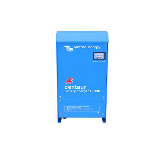 Victron Centaur Charger 12/60 (3 outputs) 12V 60A battery charger, front view, blue steel case with analogue DC amperes output current meter