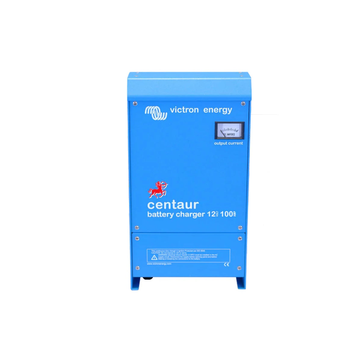 Victron Centaur Charger 12/100 (3 outputs) 12V 100A battery charger, front view, blue steel case with analogue DC amperes output current meter