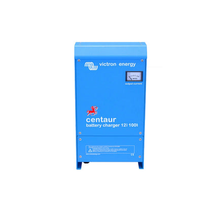 Victron Centaur Charger 12/100 (3 outputs) 12V 100A battery charger, front view, blue steel case with analogue DC amperes output current meter